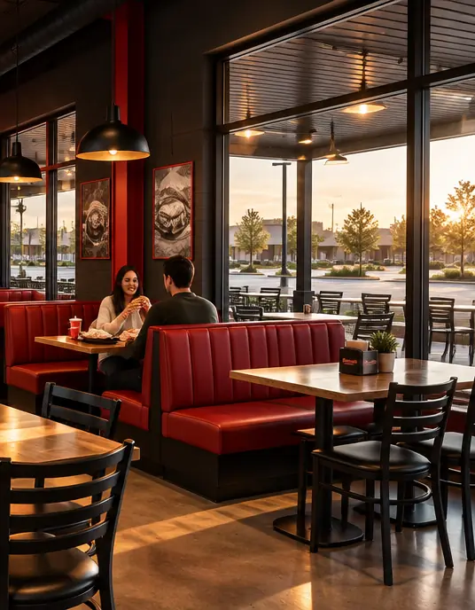 The dining room: red booths, wood tables and tall windows looking out at sunset.