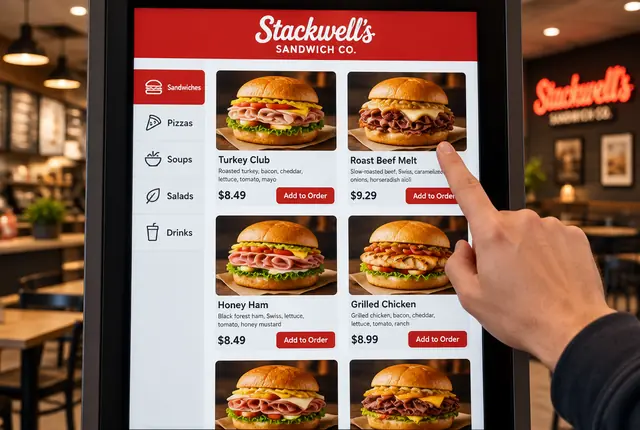 A customer's view of the kiosk screen, tapping Roast Beef Melt on a menu of sandwiches with photos and prices.
