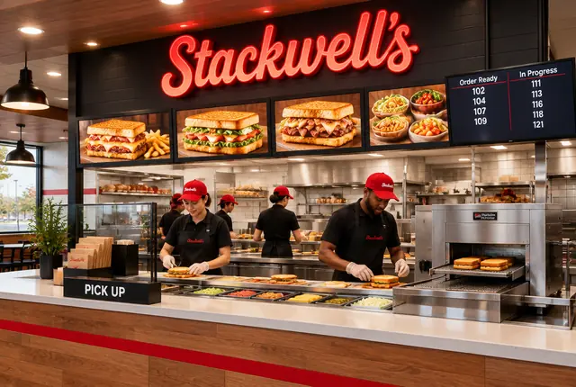 The pickup counter, with staff making sandwiches and a screen listing order numbers under In Progress and Order Ready.