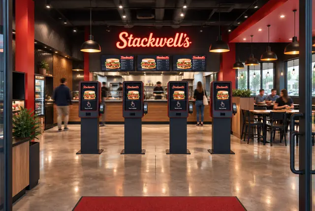 View from the front door: four self-order kiosks in a row, with the Stackwell's sign and menu screens above the counter.